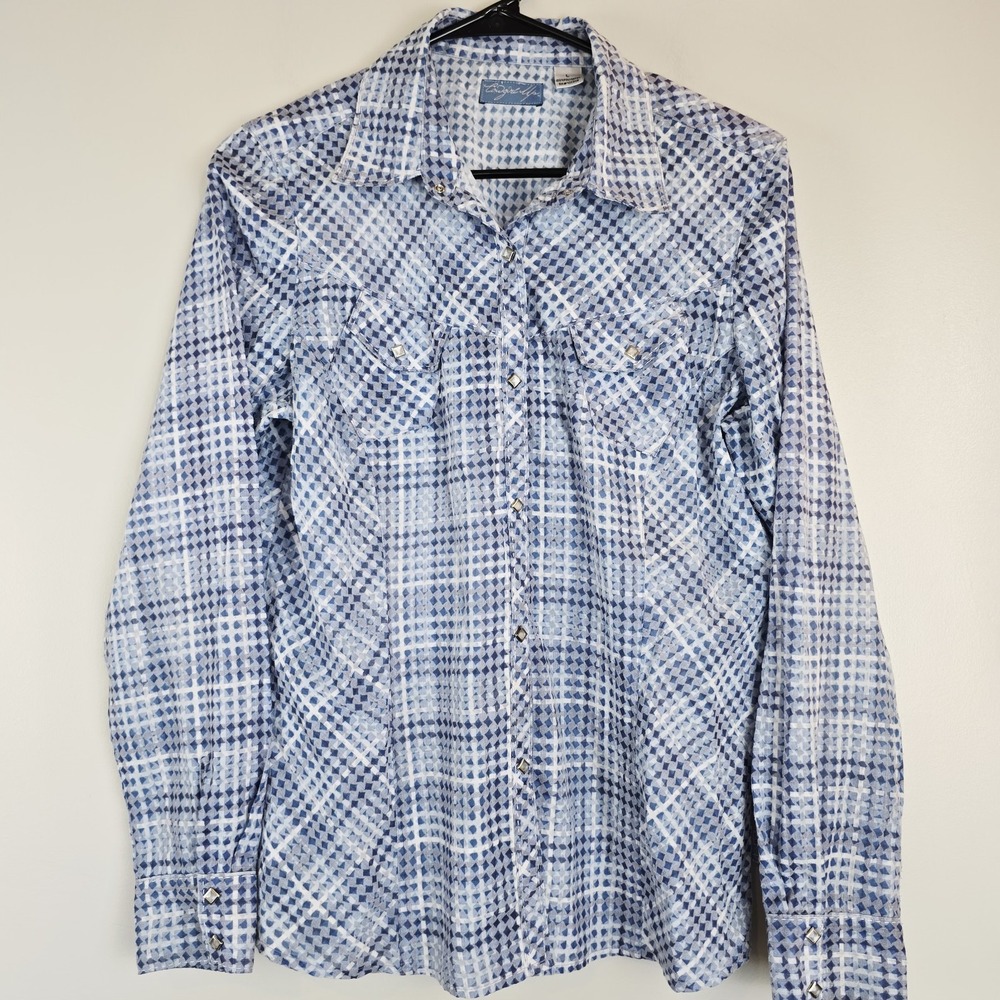 Cowgirl Up Western Shirt Women Large Plaid Blue-White Pearl Snap Embroider.B123‎